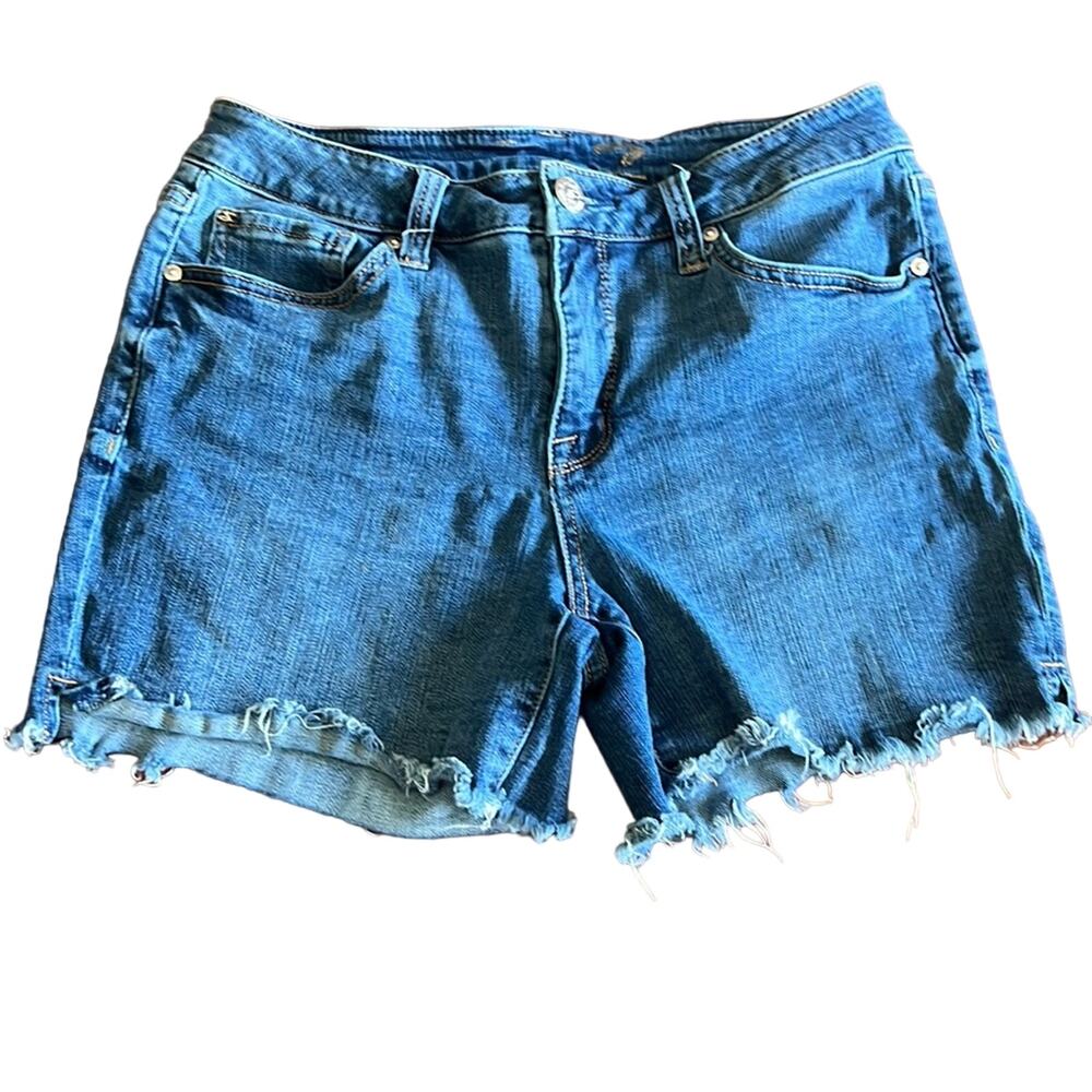Seven7 Size 6 Blue Stretch Denim Jeans Shorts Fringed Bottom